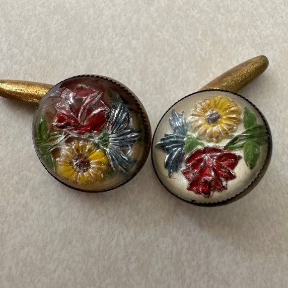 Antique Victorian brass Goofus glass floral cufflinks three buttons set - Picture 2 of 5